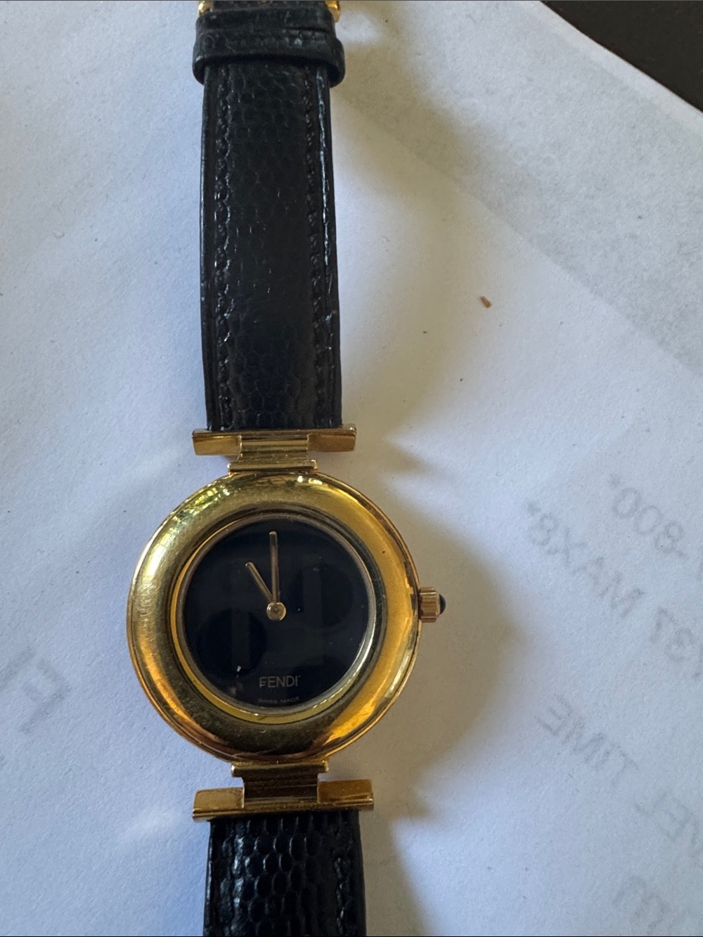 Fendi Gold and Black Round Dial Leather Strap Watch